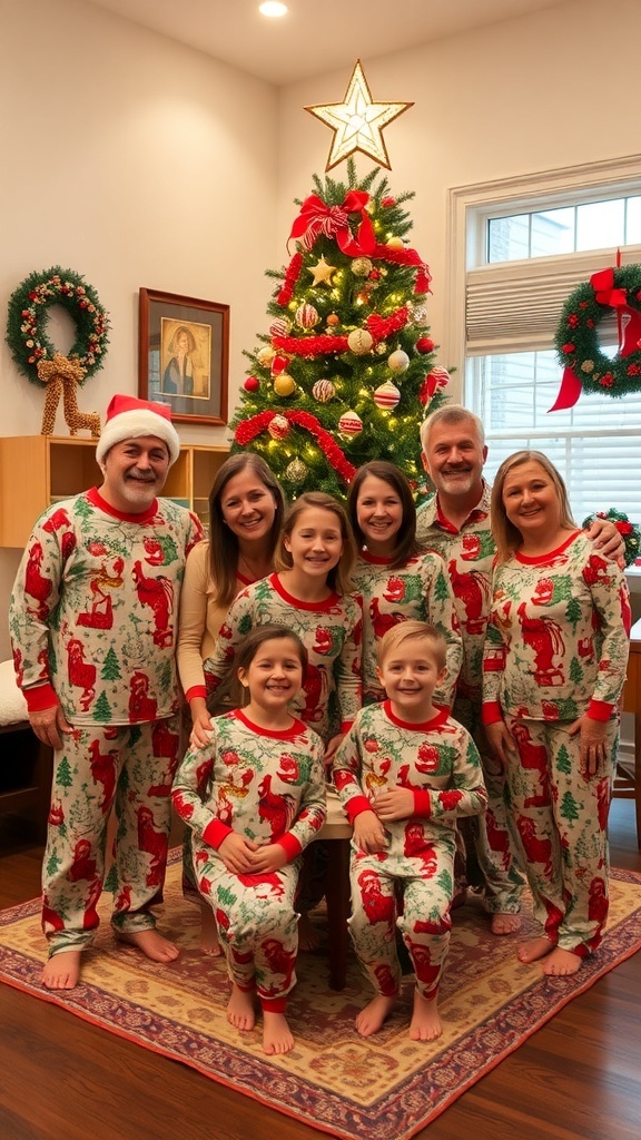 A joyful family in matching Christmas pajamas by a decorated tree.